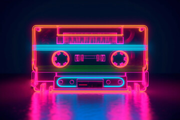 Neon cassette. Nostalgia of the 90s. Audio cassette for listening to music.