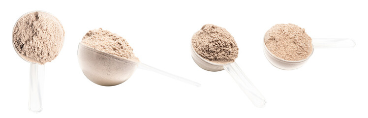 Chocolate protein powder in measuring spoon isolated on transparent background