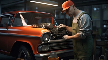 Wall Mural - Muscular man car service worker repairing vehicle ai generated