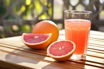 Wall Mural - glass of grapefruit juice on a porch table in sunlight