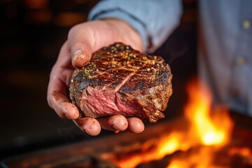 Poster - hand presenting a grilled and smoked ribeye steak