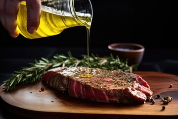 Wall Mural - hand drizzling olive oil over a seasoned ribeye steak