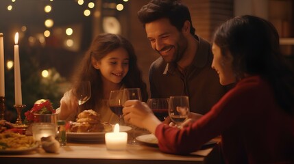 family father mother and daughter having dinner together to celebrate christmas holiday ai genearted