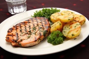 Canvas Print - a grilled salmon steak served with boiled potatoes and parsley