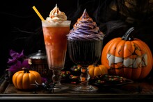 Image Of Spooky Halloween Beverage And Cupcakes For Trick Or Treat. Generative AI