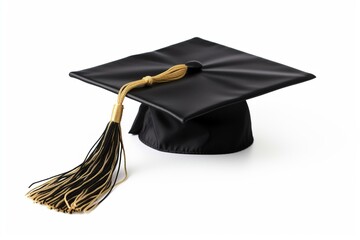 Wall Mural - Black graduation cap with gold tassel on white background. Generative AI
