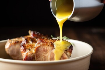 Poster - pork chop being dipped into a bowl of honey mustard sauce