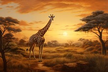 Beautiful Image Of A Giraff And Mother Walking In The Dry Grass Of Savanna At Sunset. African Wildlife. Generative Ai