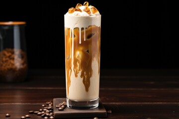 Wall Mural - iced coffee in a tall glass with cream swirling through it