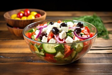 Poster - greek salad in a glass bowl on a natural wooden table