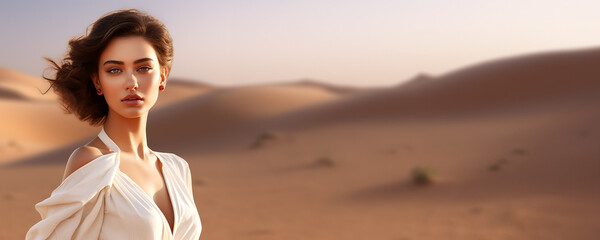 Wall Mural - Cosmetic beauty banner with close-up portrait of a beautiful woman and desert dune sand backdrop