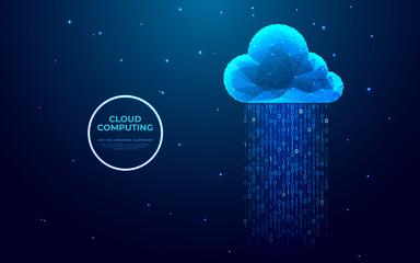 Aufkleber - Abstract cloud computing technology concept. Digital cloud and binary code. Download and upload data information storage. Low poly wireframe vector illustration in futuristic hologram style.
