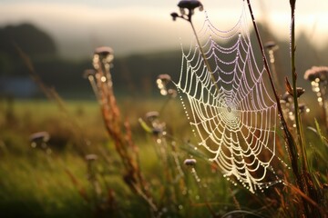 Sticker - morning dew on a spider web in a meadow