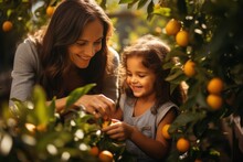 Mother And Daughter Time Picking Fruit And Happiness. AI Generative