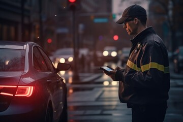 Sticker - A man is seen standing in the street, engrossed in his cell phone. This image can be used to depict modern technology addiction or the use of smartphones in daily life.