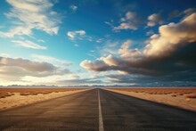 An Image Of An Empty Road In The Middle Of A Vast Desert. Perfect For Illustrating Isolation, Adventure, Or Travel Concepts. Ideal For Website Banners, Blog Posts, Or Travel Brochures.