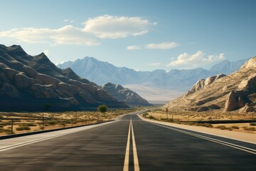 Sticker - A picturesque view of a road with majestic mountains in the background. Perfect for travel and adventure themes.