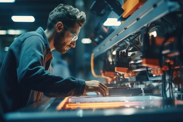 Canvas Print - A man can be seen working on a computer in a factory. This image can be used to depict technology and automation in industrial settings.