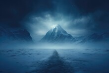 In This Mythical Background Image, A Mystical Path Leads Towards A Radiant, Glowing Mountain Under A Starry Night Sky, Evoking A Sense Of Enchantment And Wonder. Photorealistic Illustration