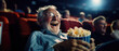 Elderly Man Indulges In A Movie Theater With Popcorn And Excitement