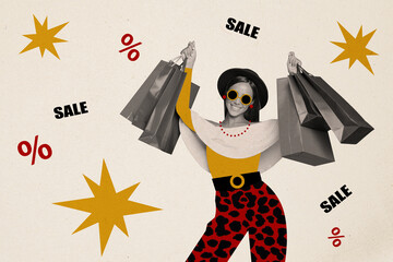 Wall Mural - Marketing fashion promo collage billboard funny woman raise hands with bags black friday sale lady sunglasses isolated on beige background