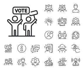 Wall Mural - People rally with signs. Specialist, doctor and job competition outline icons. Voting campaign line icon. Public election symbol. Voting campaign line sign. Vector
