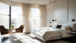 © anmitsu - A luxurious modern bright bedroom with white walls and bright sunlight shining through the large windows.
