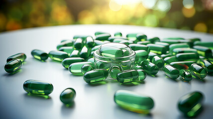 Wall Mural - Several isolated green medical capsules lie on a light glossy surface. Generative AI technology.