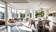 A luxurious, modern, and bright dining and living room with white walls and large windows that let in bright sunlight.
