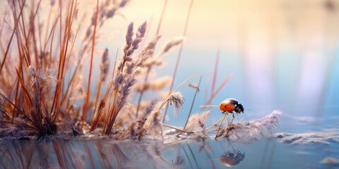 Wall Mural - Ladybug in wild field grasses illuminated by soft pink, orange and blue light