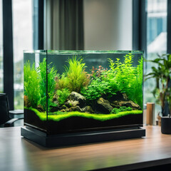 Poster - Small beautiful freshwater aquarium on the table in the office. Aquascape with tropical underwater plants.
