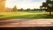Empty wooden table top with blur background of country club