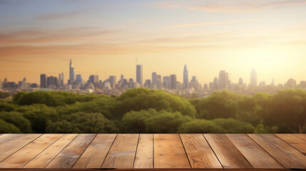 Wall Mural - Empty wooden table top with blur background of city and park