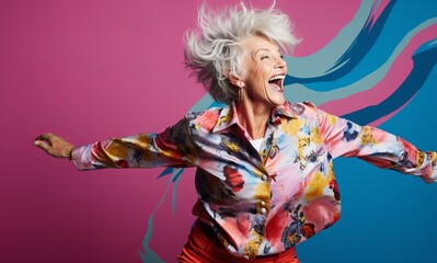 happy senior woman in bright clothes. Lifestyle concept. generative ai.