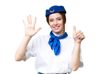 Poster - Airplane stewardess over isolated chroma key background counting six with fingers