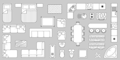 Furniture outline top view. Set of isolated linear icons for interior. Vector Illustration. Objects and elements for apartments, living room, bedroom, kitchen, bathroom. Bed, sofa, table. Floor plan