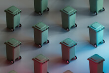 3D Render Of Rows Of Wheeled Garbage Cans