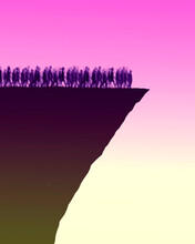 Illustration Of Crowd Of People Walking Towards Cliff Edge