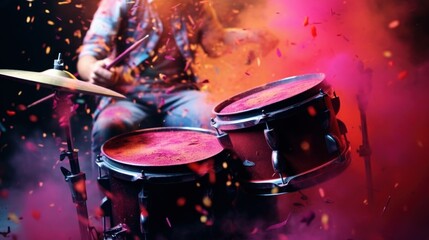 Wall Mural - Drummer playing on drums in cloud colorful dust. World music day banner with musician and musical instrument on abstract colorful dust background. Music event, Expression, symphony, colorful design