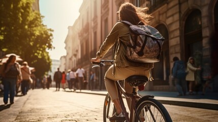 Wall Mural - Tourist young woman cycling down the street, Active urban travel cycling concept.