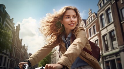 Wall Mural - Tourist young woman cycling down the street, Active urban travel cycling concept.