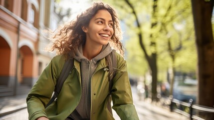 Happy young woman riding bicycle in city spring park outdoor, Active urban lifestyle cycling concept