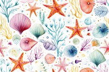 Seamless Pattern Of Sea Plants And Fish, Bright And Rich Color.