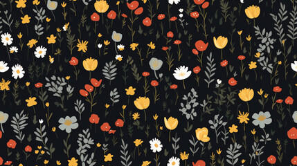 Wall Mural - Illustrated of yellow white daisy floral seamless pattern wallpaper on black background