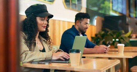 Canvas Print - Laptop, coffee shop people and woman typing research project, restaurant report or cafeteria website info. Customer, remote work and freelance person working on small business, diner or cafe article