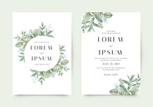 Elegant Wedding Invitation With Green Leaves And Blue Flowers
