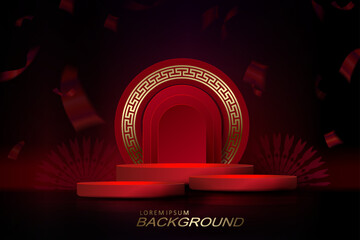 Canvas Print - Dark red illustration with circle frame with border and podium