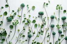 Patterns Of Green Flowers On A Plain White Backdrop. Generative AI