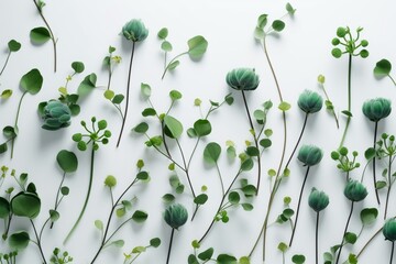 patterns of green flowers on a plain white backdrop. Generative AI