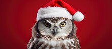 A Festive Owl Portrait Featuring A Christmas Owl Donning A Santa Claus Hat Against A Crimson Background.